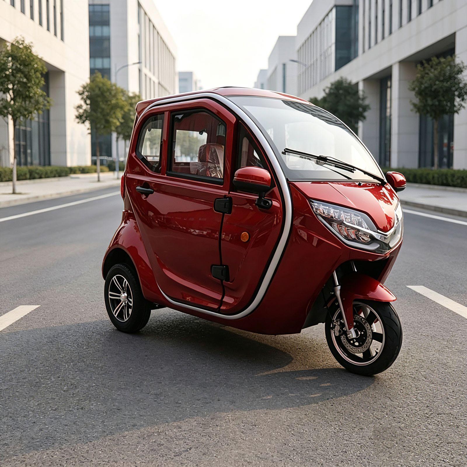 MICROAUTO EV1 w kolorze czerwonym, widok z przodu na ulicy