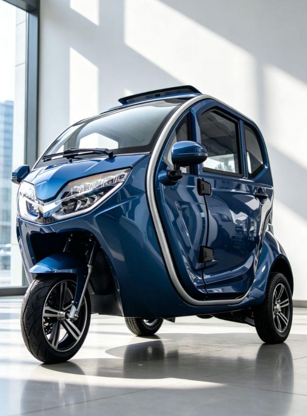 MICROAUTO EV1 w kolorze niebieskim, widok z przodu pod kątem w salonie